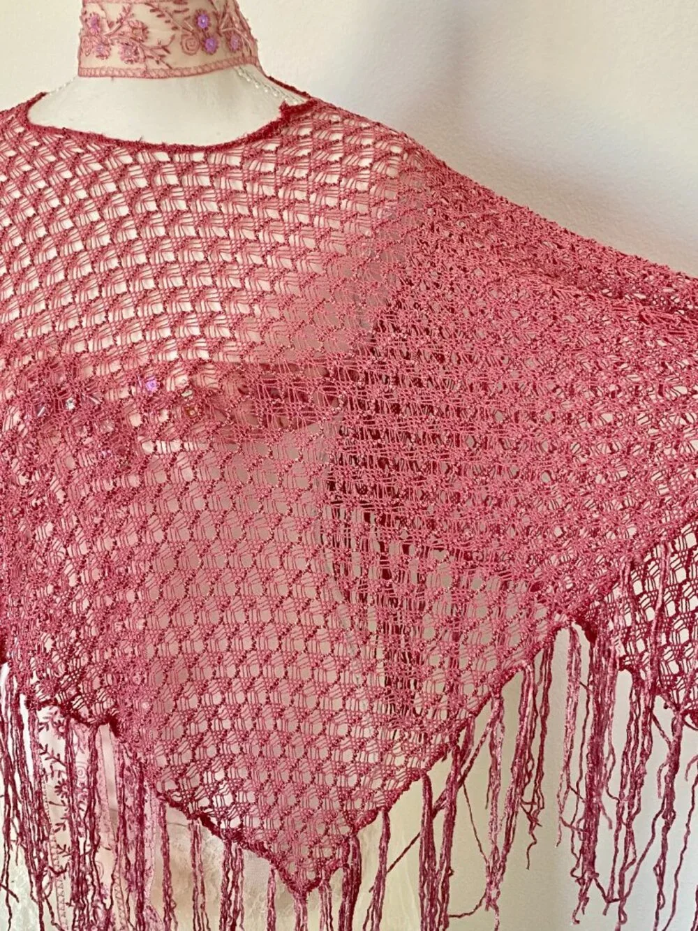 Vintage Y2K Inspired Style Pink Crochet Poncho Sheer Fringe Shawl Fairycore Coqu